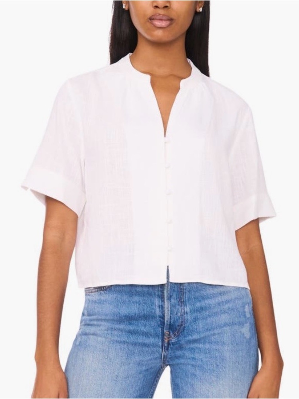 Halogen Short Sleeve Crop Button Up Top White Linen Kissed NWT Small